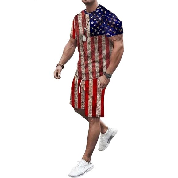 Distressed Flag Digital All-Over Printed Loose Casual Sports T-Shirt & Shorts Se - Picture 1 of 6
